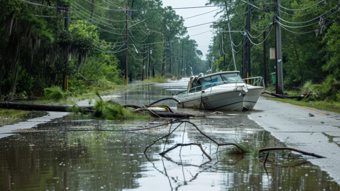 boat in a flooded street